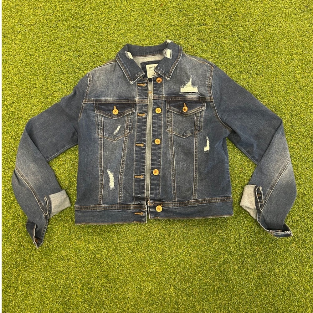 Wax Jean Collection Distressed Denim Jacket Medium Wash Blue Size M